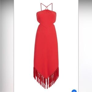 Likely Women's Halter Asymmetrical Fringe Hem Red Midi Dress size 12 NWRR $398